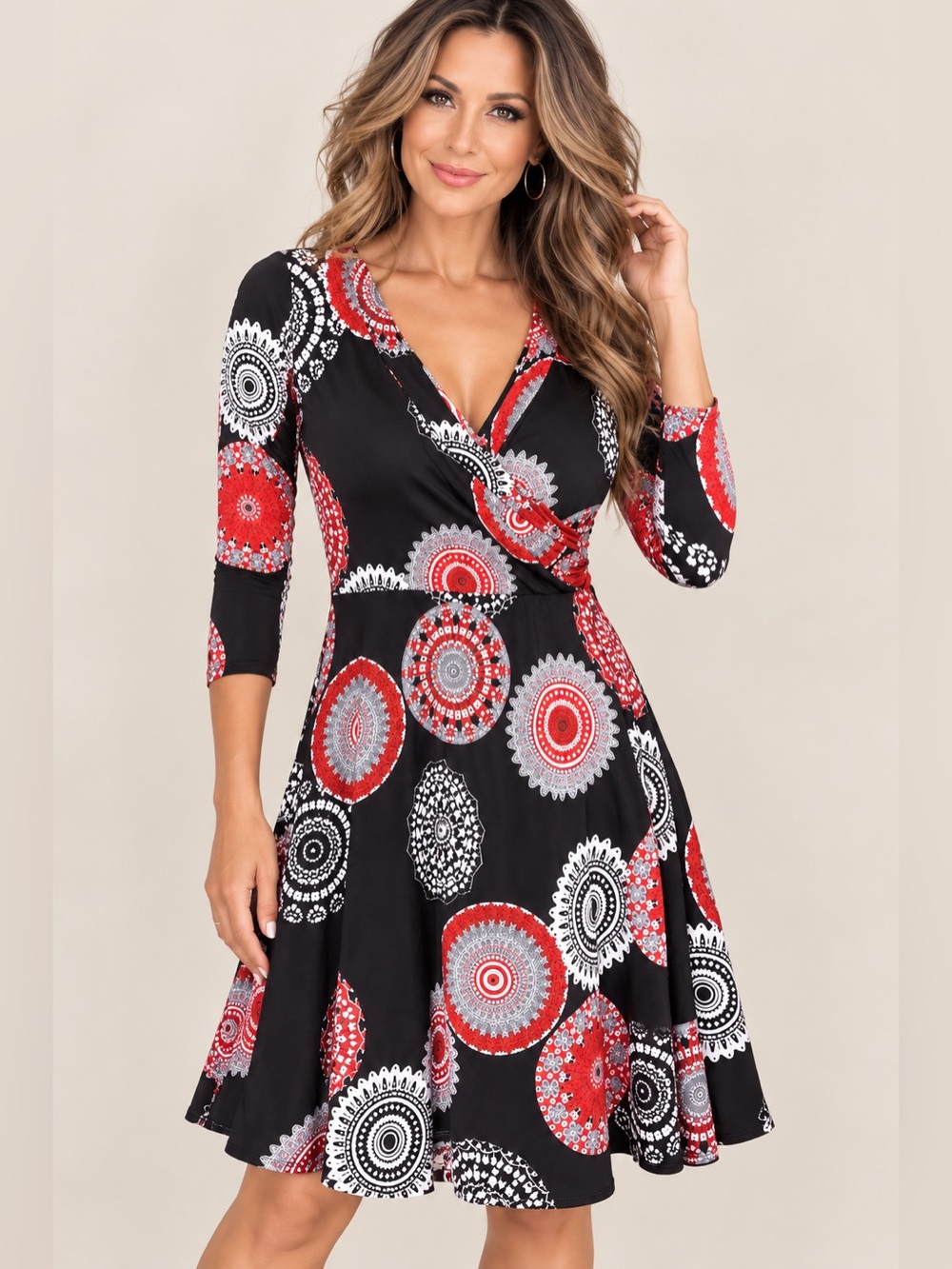 Black Red Mandala Print Wrap Front Fit & Flare Dress Size L